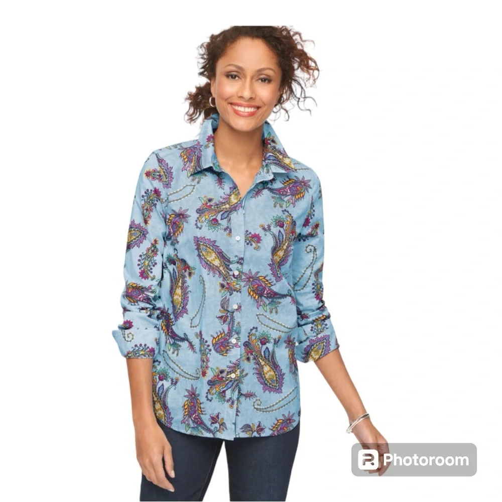 Talbots Cotton Button Front Swirly Paisley Blouse Top Women's Size M